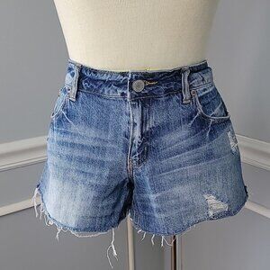 AMERICAN EAGLE Medium‎ Wash Distressed Cut Off Raw Hem Boho Short Jean Shorts 12